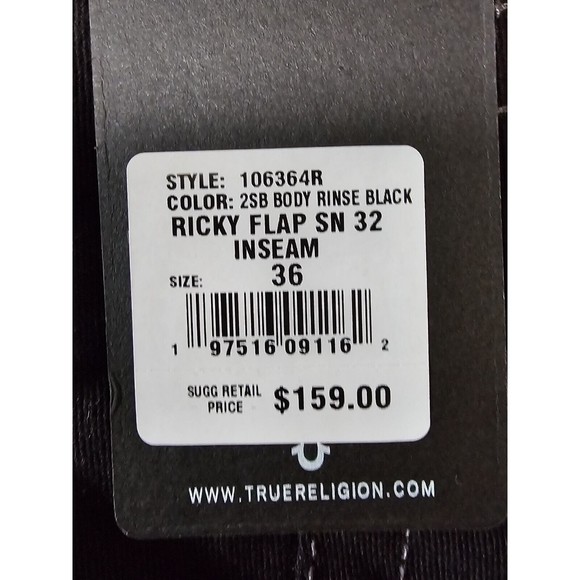 True Religion Mens size 36x32 Ricky Flap SN Relaxed Straight Jeans Black Denim - Picture 11 of 12